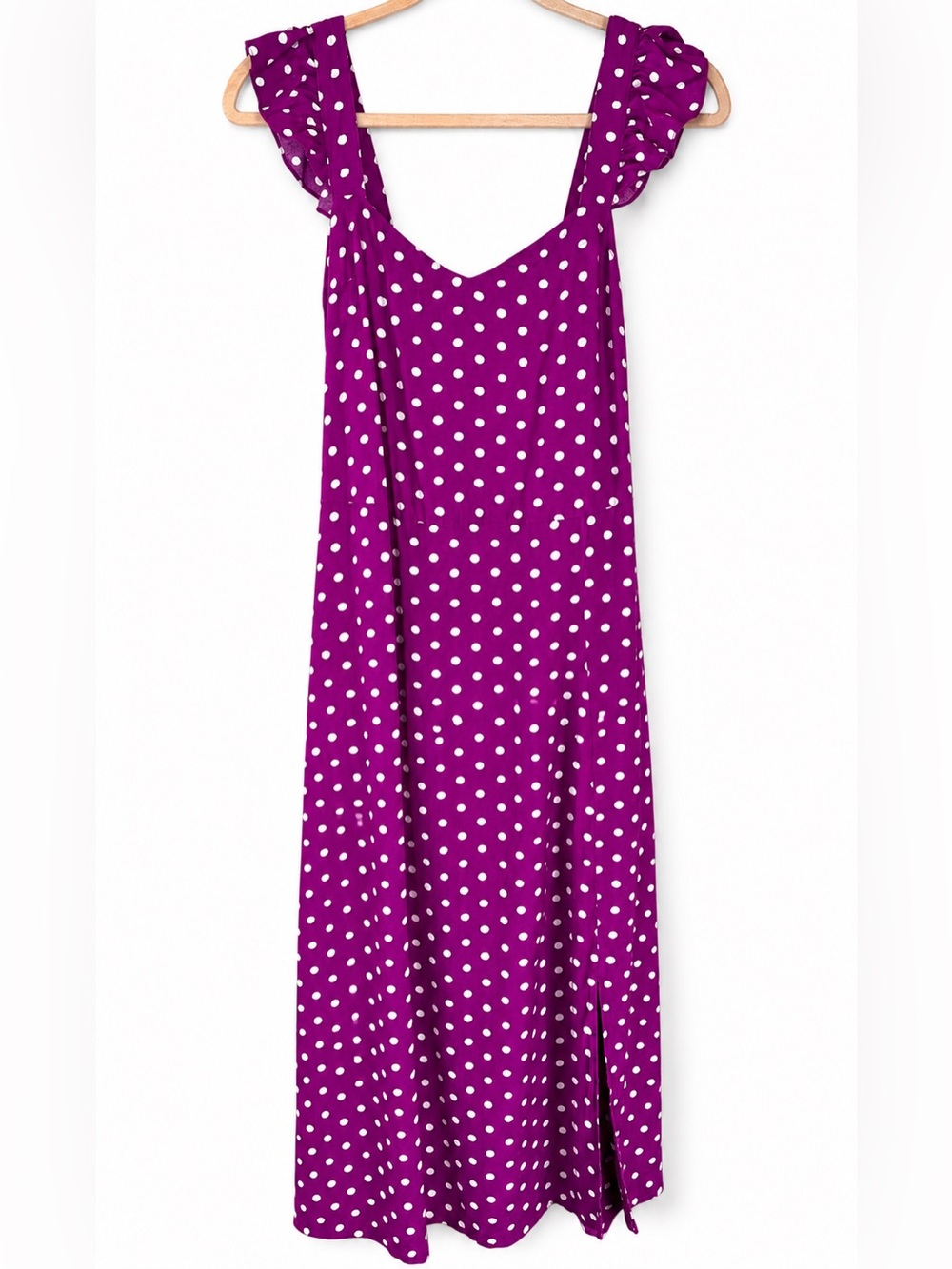 LOFT Magenta Polka Dot Maxi Dress Size 4 Pockets Ruffle Sleeves Slit Viscose